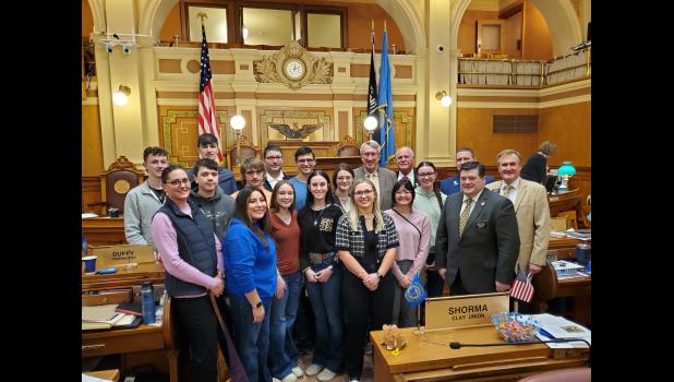 Meeting Elected Officials ... Back row: Caden Selby, Mr. Kelly Daughters, Senator Wink, Representative Cammack and Representative Pinnow. Middle row: Jackson Schauer, Klayte McLellan, Buddy Howie, Tanner Taylor, Elora Gould, Reagan Grueb and Representative Chaffee. Front row: Mrs. Deanna Fischbach, Kaia Day, Kinley Kirkley, Katie Sheridan, Skylar Vig, Olivia Spencer and Senator Maher. Photo courtesy Mrs. Deanna Fischbach