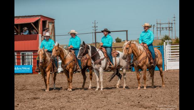 Block Cattle Services (LtoR): Tate Cowan, Ross Block, Thomas Doolittle and Cody Jones during the Calcutta of the Ranch Rodeo on Saturday, July 17th. Photo Courtesy of Barbara Hockenbary