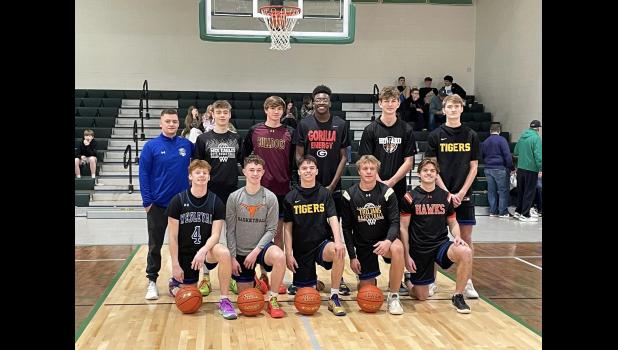 Class B Team ... Back row: Team Coach Sam Nicholson(DWU Assistant Coach); Aiden Lieber, Mitchell Christian; *George Jensen, De Smet; *Daniel Mitchell, Gregory; Kolt Koepsell, Howard; and Jordan Uhlir, White River. Front row: *Lane Tvedt, Castlewood; *Jackson Schauer, Faith; *Nicholas Marshall, White River; Lane Cotton, Faulkton; and Tage Ortman, Canistota. *denotes First team Photo courtesy Amie Schauer