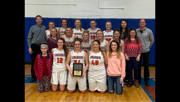 Lady Longhorns win again ... Back row: Coach Carmichael, Cassidy Schuelke, Aiyana Byrd, TyAnna Mortenson, Kaycee Groves, Ariah Engel, Coach Scheffelmear, and Coach Schauer. Middle row: Harlie Jo Heidler, Tristan Kennedy, Kambelle Schauer, Skylar Vig, Jaysee Jones, and Cashley King. Front row: Cheyenne Van Der Linden, Lindsey Wilken, Sydnie Schauer, Allix Vance, and Mary Valentine. Photo courtesy Amie Schauer