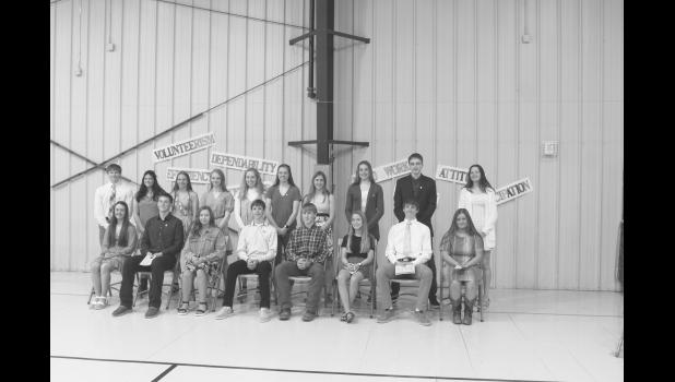 Jones County NHS induction took place on Wednesday, April 6, 2022 at the mini gym in Murdo. Back row, l-r, NHS members Matthew Birkeland, Seiney Moore, Emma Hunt, Hannah Brost, Peyton Rankin, Jadyn Jensen, Madelyn Host, Mallory Valburg, Noah Karg, and Jolie Dugan. Front row, l-r, Newest inductees Sophie Dowling, Cooper Feddersen, Savanah Hendricks, Tristen Host, Kaden Kinsley, Kamri Kittelson, Jett Nix, and Sage Waldron. Photo by Krisanna Thomas