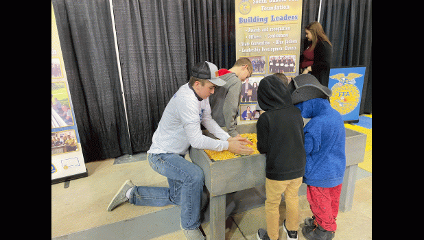 Matthew Gray … playing in the corn with a couple of enthusiastic kids learning about agriculture. Photo courtesy Elke King