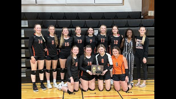 Champions ... the Lady Longhorns are the champions of the Hettinger C Squad Volleyball Tournament. The team traveled to Hettinger last Saturday and spent the day playing 7 games total. Back row: Harlie Heidler, Whitnie Veit, Emma Spring, Shaie Veit, Katelyn Totten, Tez Dieters, Reyse Antrim, Manager Melody Ilesanmi and Head Coach Brooklyn Schauer. Front row: Tayvin Pederson, Cashley King, Brynlie Price and Raynee Jones. Photo courtesy Candace Veit