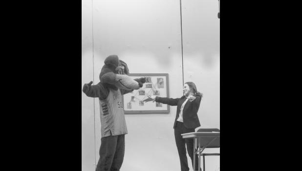 Jace Nix as JCHS Mascot and Alethea Kustar as the First Detective. Photo by Mishayla Buchannan