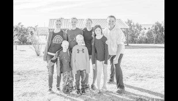 Mason had company along his run. His mom, Abby paritcipated the entire way and others joined in for parts. Back row, l-r: Kristen and BreAna Aske, Abby Martinez (Mason’s mom), Mesa and Colter Dimond. Front row; Bowden Aske and Mason Martinez. Not pictured but also ran; Asa Best and Avery Martinez. Photo by Barb Hockenbary