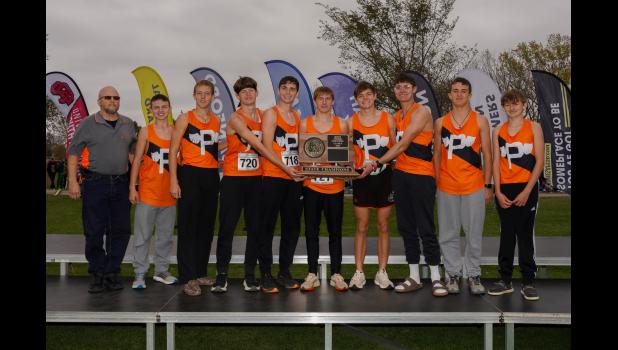 2025 SD Class B Boys Team Champions (l to r): Coach Ralph Kroetch, Camo Kochesberger, Evan Henrie, David McKinley, Creston Burns, Jack Peterson, Baylor Burns, Aidan Craven, Shay Weber, Tripp Furnival. Photo courtesy of South Dakota Public Broadcasting