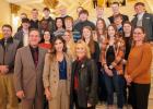 1st row: Lt. Gov. Larry Rhoden, Governor Kristi Noem, and Sandy Rhoden. 2nd Row: Mr. Kelly Daughters, Mia Hermes, Madison Brooks, Tallyn Pederson, Shada Selby, and Mrs. Deanna Fischbach. 3rd row: Teancum Maxwell, Victor Ilensamni, Canyon King, Waycee Nelson, Kemper Holmes, Tristan Kennedy, Lanny Brooks, and Jaysee Jones. 4th row: Landon Schultes, Matthew Gray, Rylan Palmer, Jess Harper, Andrew Gifford, Brigg Price, Trey Fuller, and Cord Capp. Photo courtesy Mrs. Deanna Fischbach