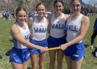 Pictured left to right, Nora Dinger, Taylor McDonnell, Paige Kjerstad, and Rhea Tucker set the new school record for the girls 4x200. The girls completed the race in 1:49.63. Courtesy Photo