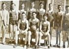 The 1935-36 Tigers. Back, l-r, Mr. Cecil Tobin, Deane Joyce, Eugene Madsen, Gerald English, Edgar Miller, Dale Kent, Wilfred Bruns, Kenneth Duncan. Front: Ernest Nelson, Jay Felton, Donald Dolan.