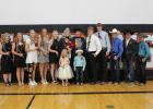 Prom King, Queen, and Court ... Back row: Skylar Vig, Tallyn Pederson, Kaycee Groves Aiyana Byrd, Ariah Engel, Kenley Day, Dawson King, Joel Gifford, Tyson Selby, Tayson Jones, Trey Fuller, Jakob Long. Front row: Rozyn Haines and Henry Fees all posed for a photo during Coronation Monday night of Homecoming 2020.	