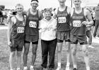 Kaden Kinsley, Asa Best, Head Coach Jane Daum, Jett Nix, and Adrik Schoon took 5th place in the 4x400 Relay and set a new school record. Photo courtesy Teri Kinsley