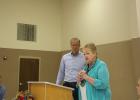 Wall City Mayor, Mary Williams introduces Senator John Thune before a nicely attended round table discussion at the Wall Community Center on Monday.